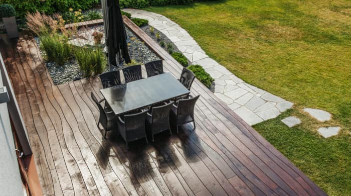 Terrace with curved wood flooring.
