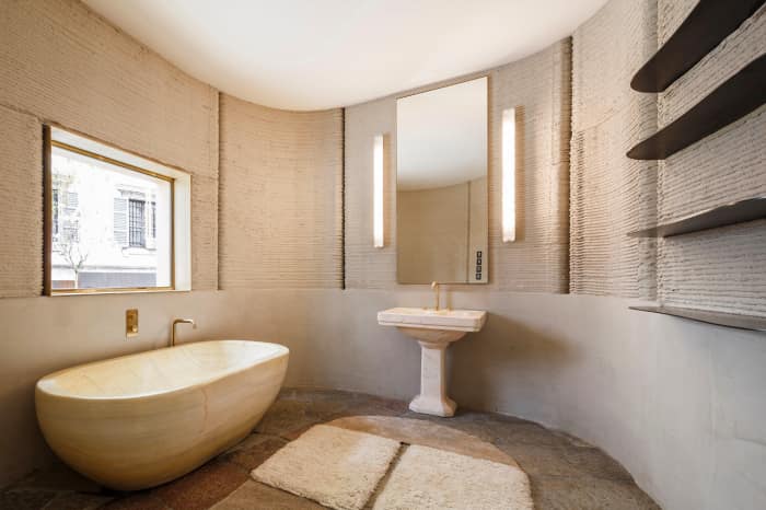 The interior of 3D Housing 05, an example of sustainable living and energy efficiency. View of the bathroom. The interior of 3D Housing 05, an example of sustainable living and energy efficiency. View of the bathroom.