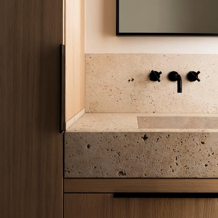 Stone bathroom sink on a wood vanity, great example of biophilic design. Stone bathroom sink on a wood vanity, great example of biophilic design.