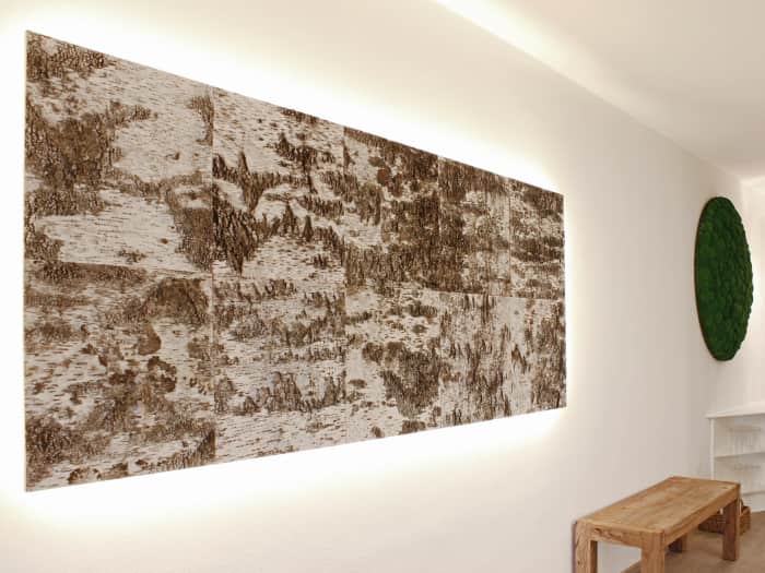 Birch bark wall artwork, a great example of biophilic design. Birch bark wall artwork, a great example of biophilic design.