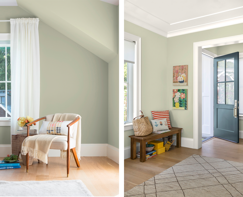 A living room and an entryway. All walls are painted in Bahia Grass (2018 colour of the year by Kelly Moore Paints). The rustic wooden seats, together with the colourful art pieces and the cushions set a rustic and playful style for both spaces.