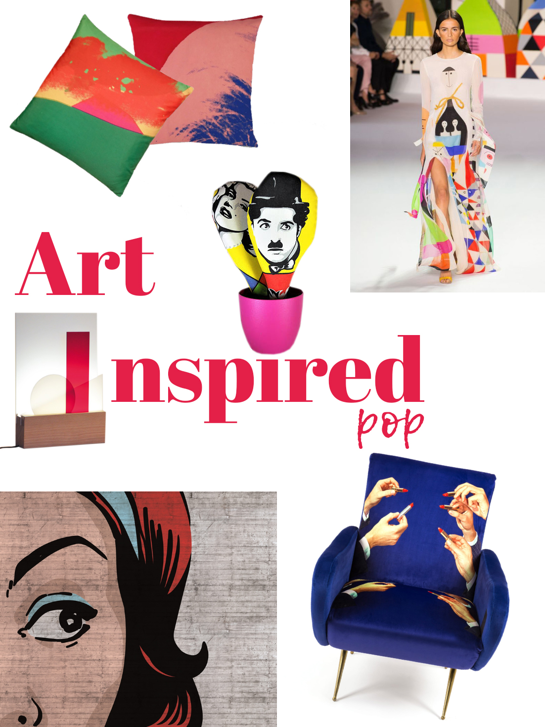 Art-inspired pop mood board: a selection of furniture and accessories.