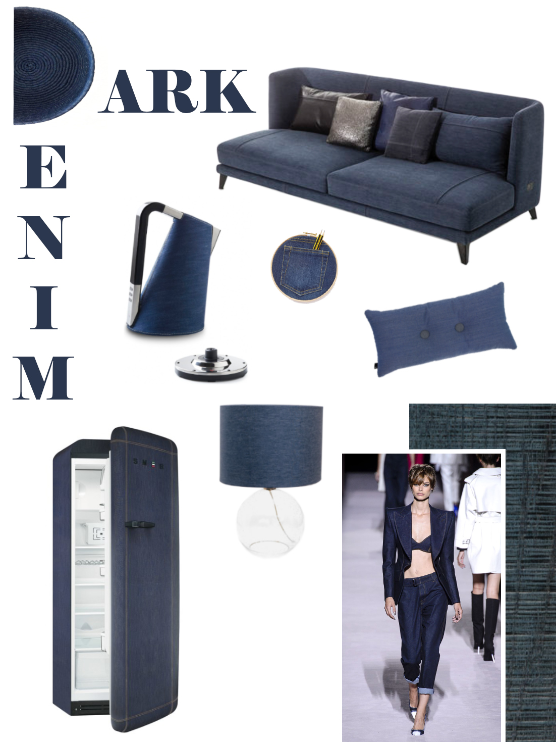 Dark denim mood board: a selection of furniture and accessories.