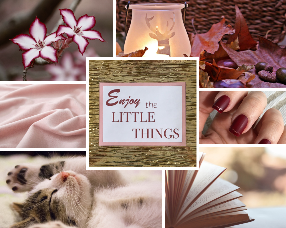 Moodboard in the tones of burgundy, light pink, white and gold. Cosy and warm mood.