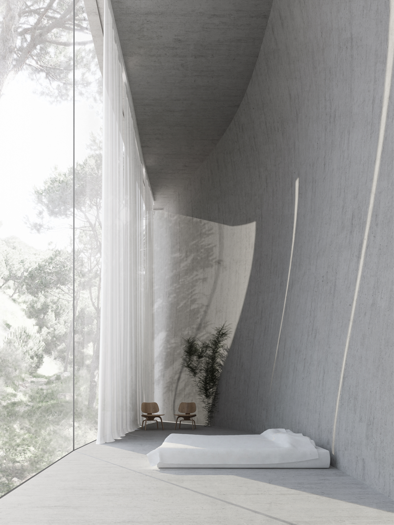 Full-height window looking into the forest, great option to create a sense of risk in a biophilic design.