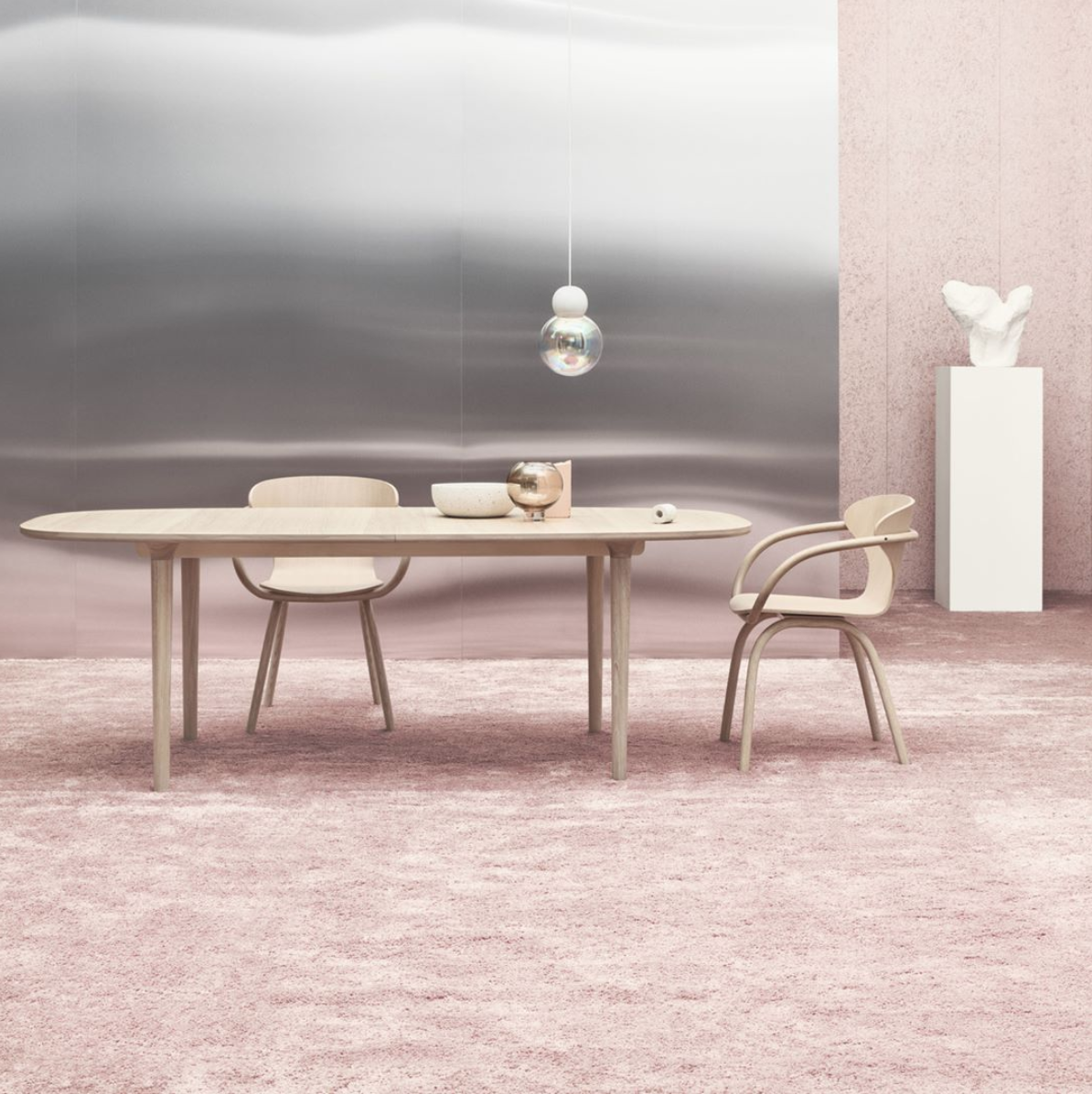 Pink dining area.