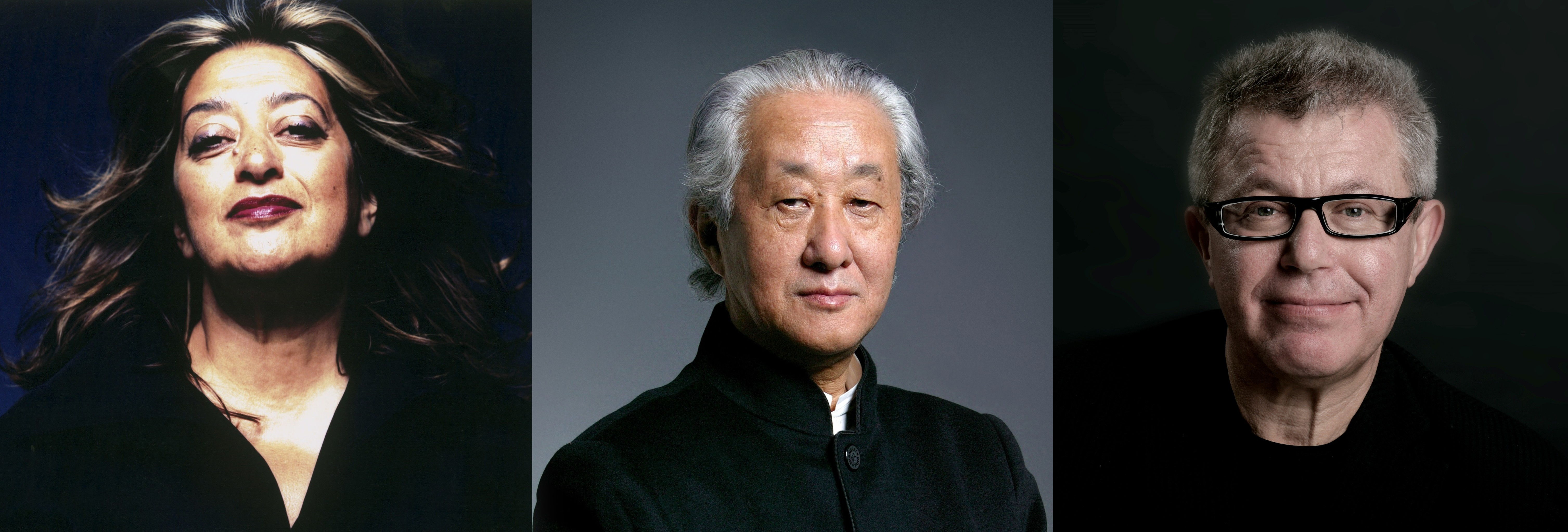 Photos of Zaha Hadid, Arata Isozaki and Daniel Libeskind.