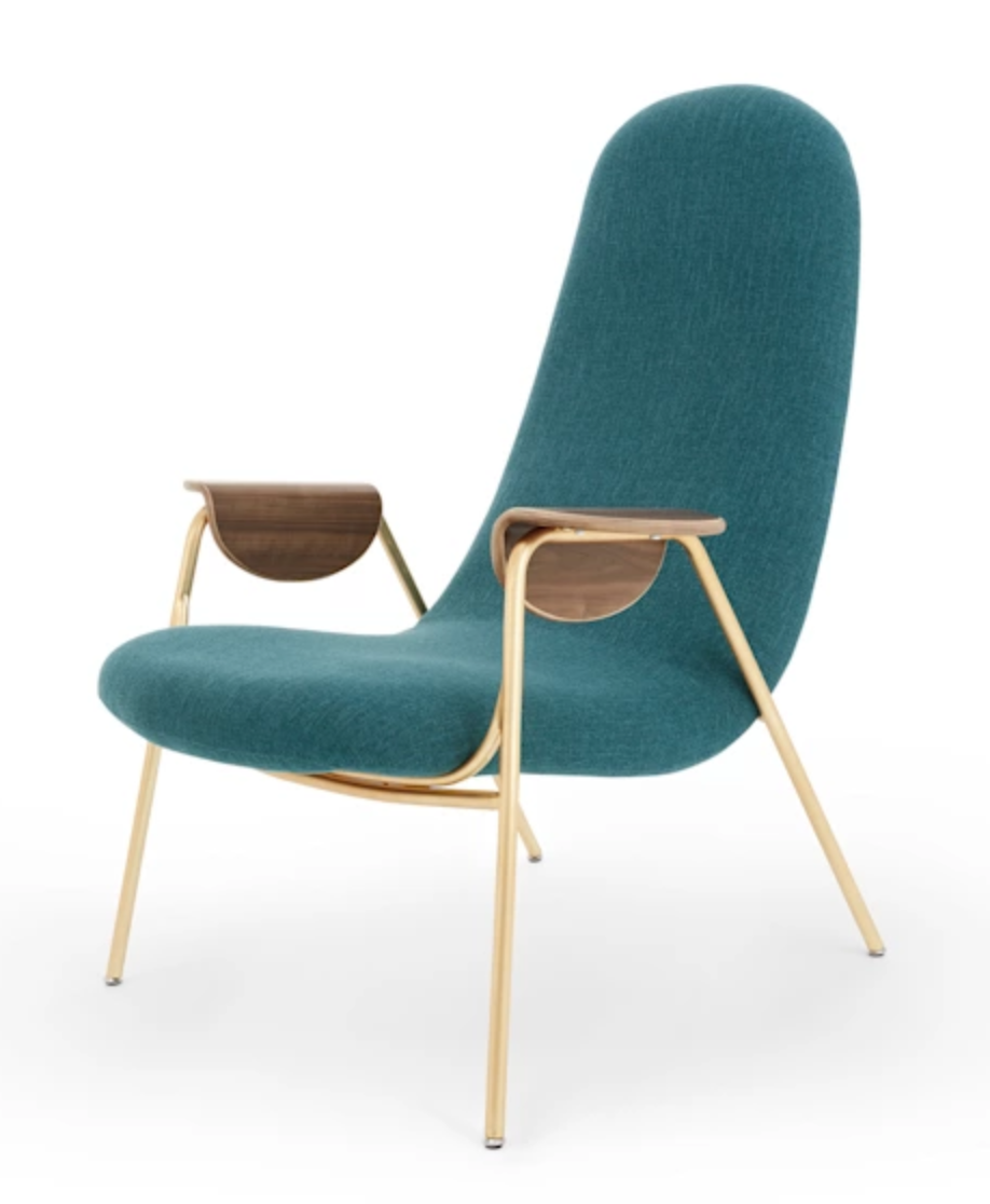 Armchair with sculptural wooden armrests.