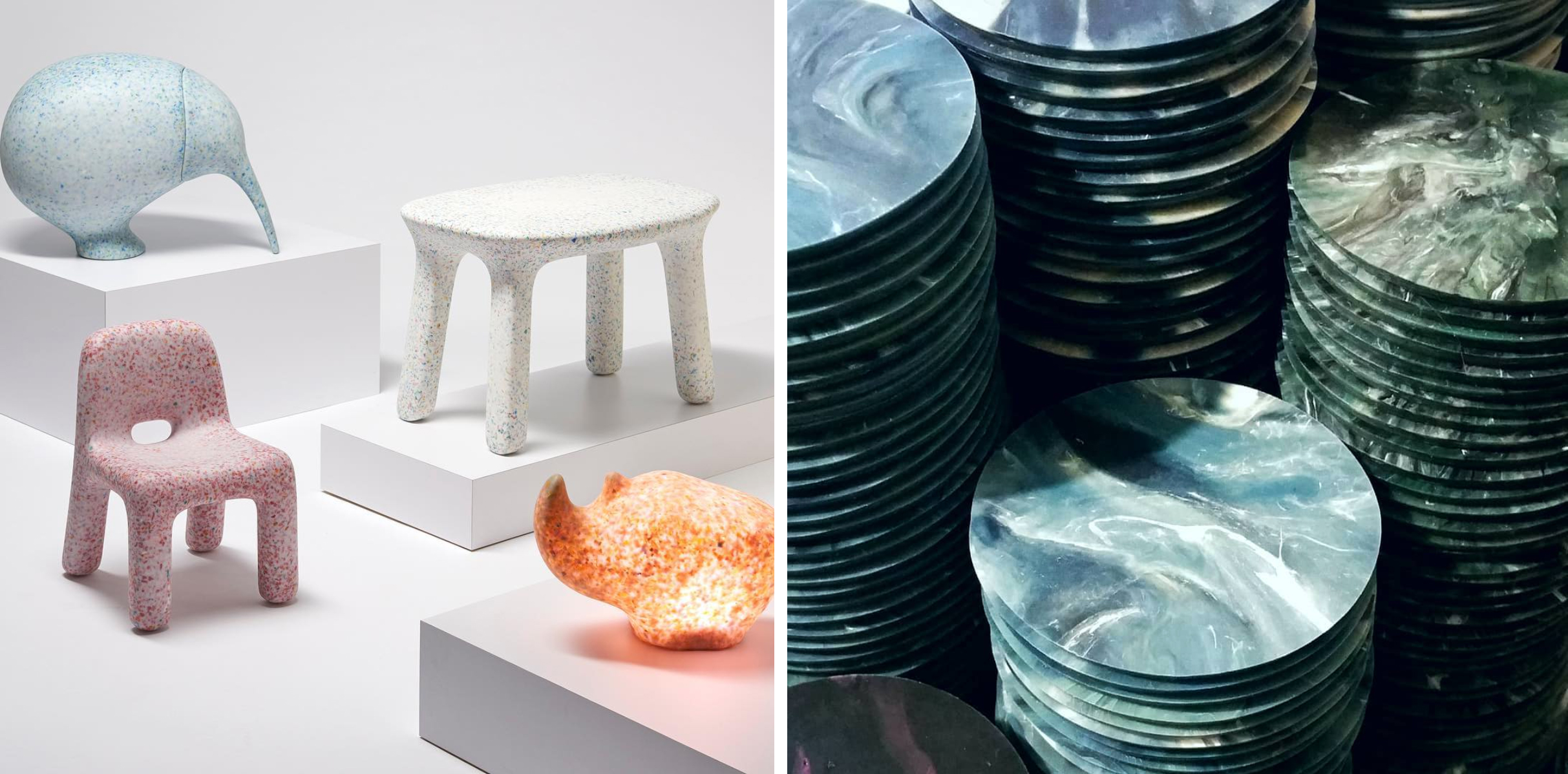 Two examples of plastic recycling projects. 1. Kids furniture made of recycled plastic toys. 2. Coasters made of recycled plastic wrap.
