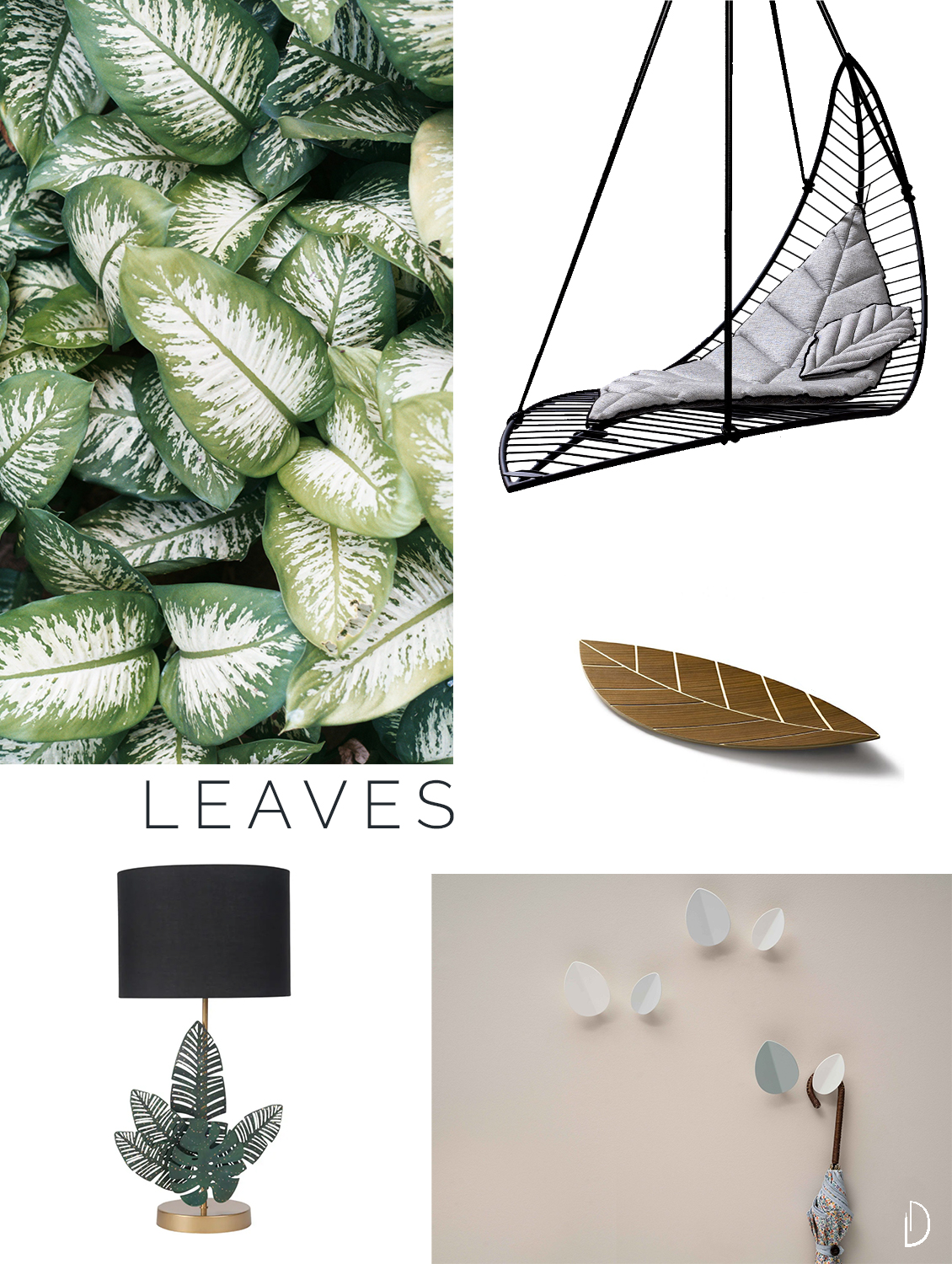 Moodboard of organic design objects inspired by leaves.