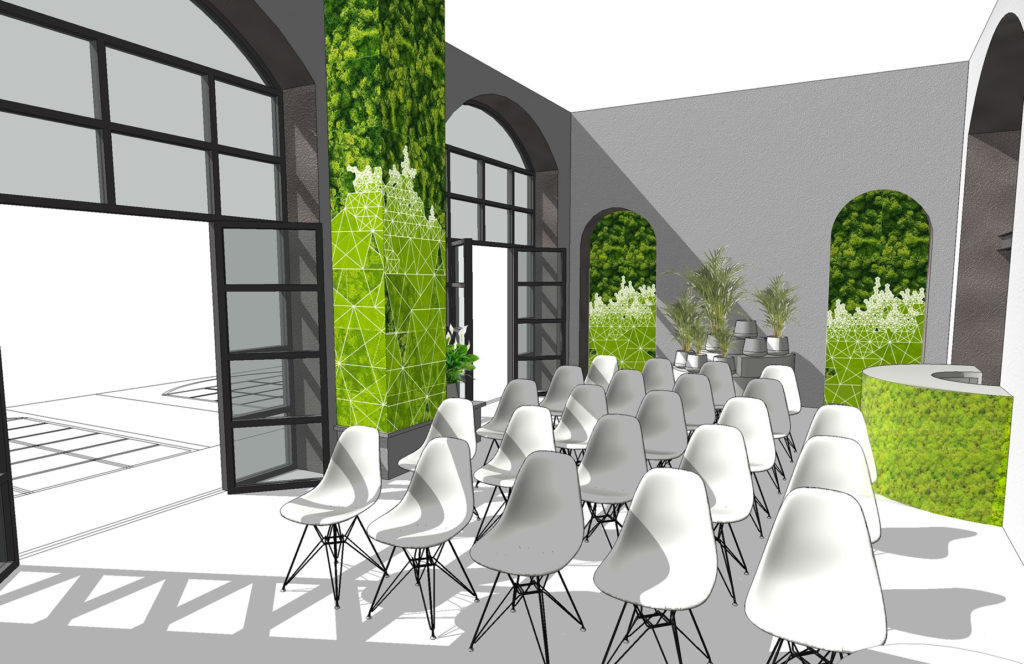 Rendering of the exposition area with plants and vertical gardens walls.