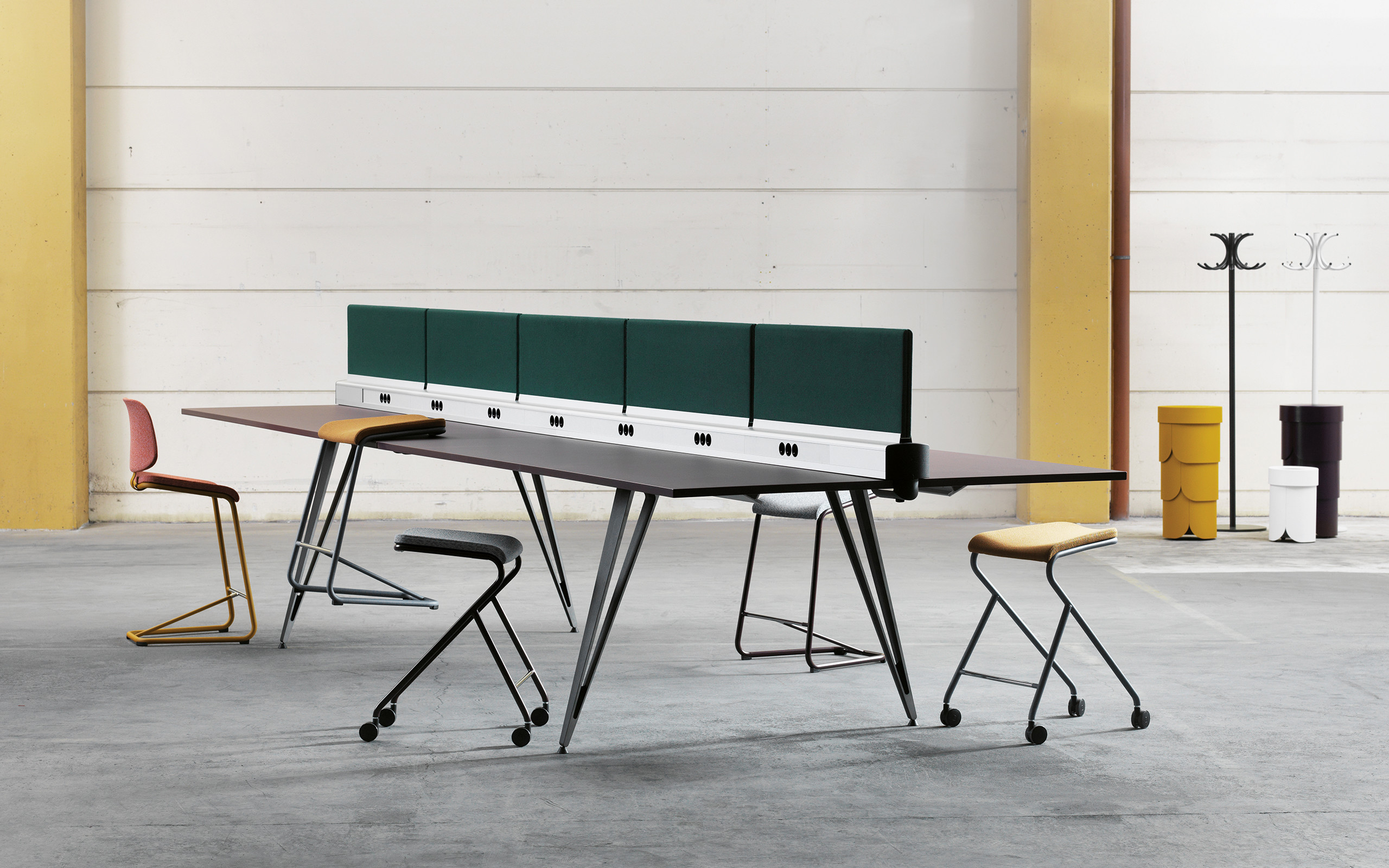 Removable desk dividers with integrated charging station.