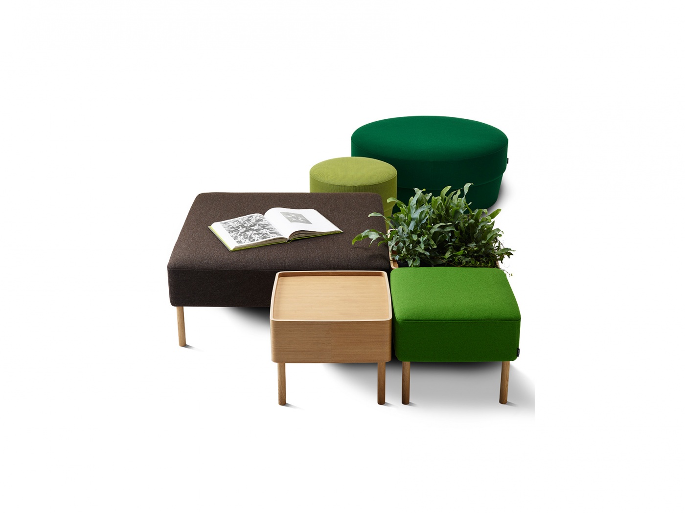 Modular bench with modules for seating, storage and plants, an ideal solution for the flexible workspace design of the future.