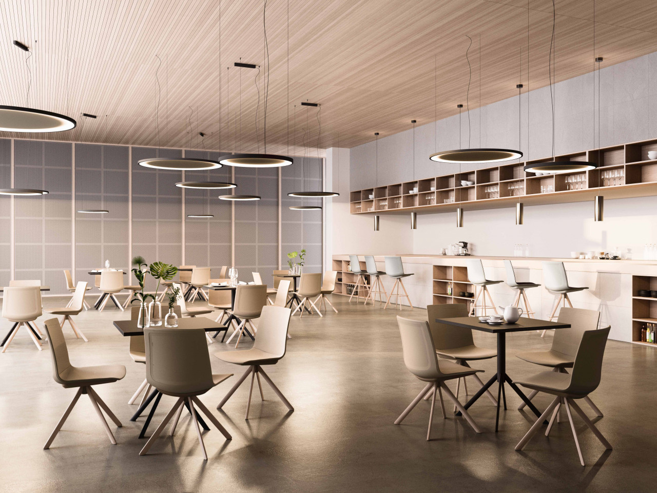 Office canteen area furnished with sound insulating tables.