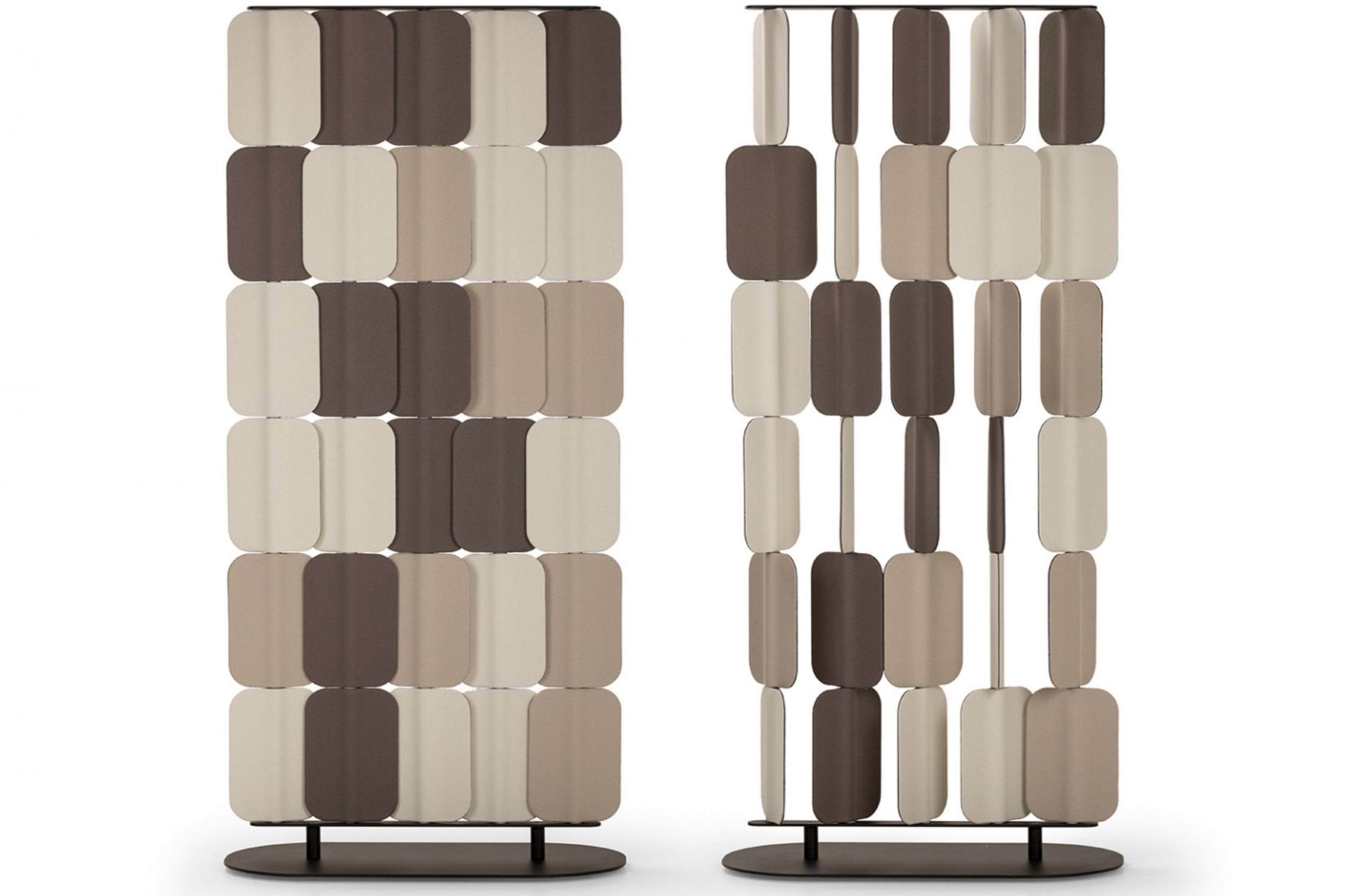 Felt room divider with individually rotating modules that allow to customize the room divider.