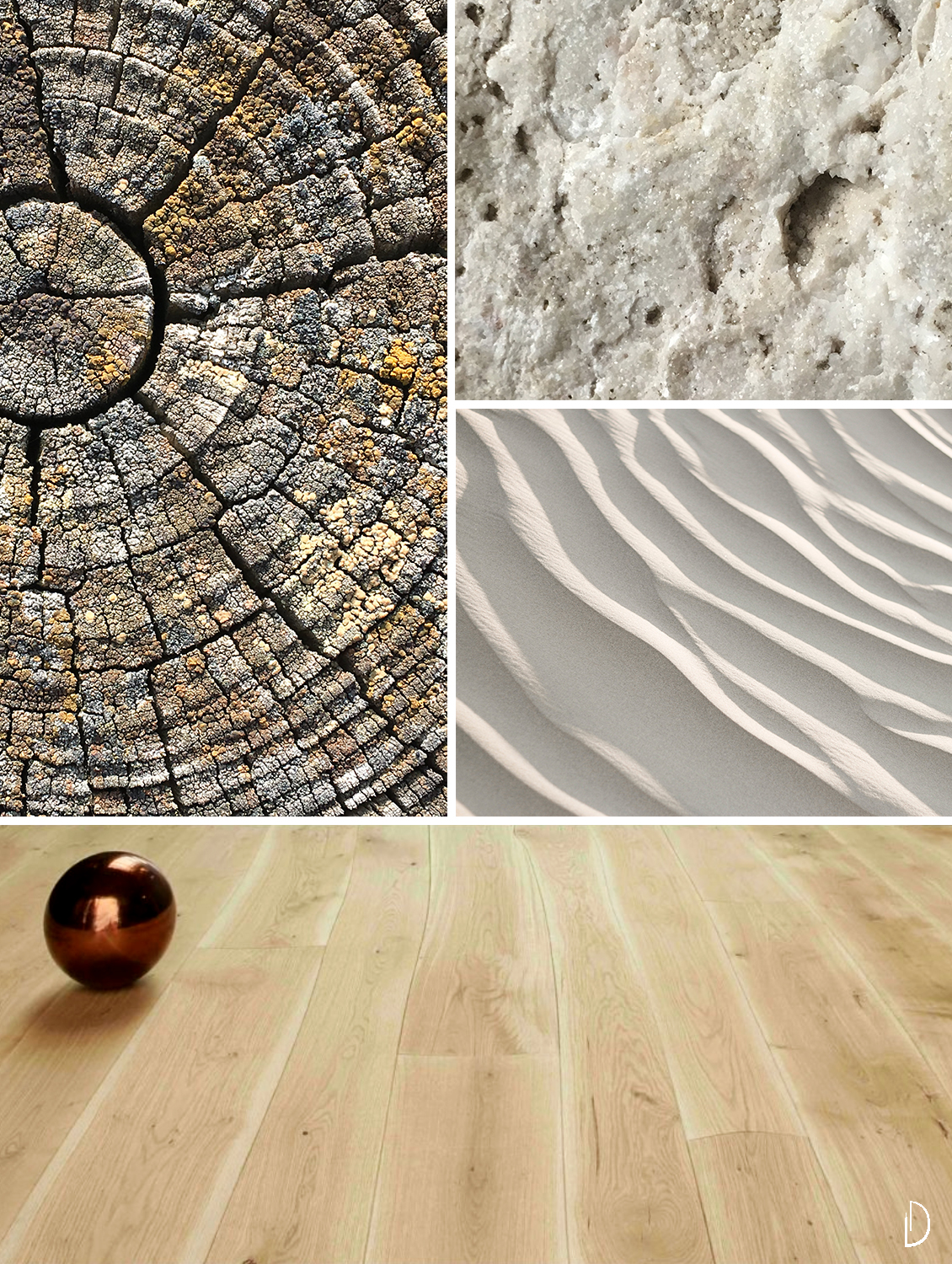 Moodboard depicting natural textures: a wood flooring, the close-up of a tree trunk, an expanse of sand and the detail of a stone texture.