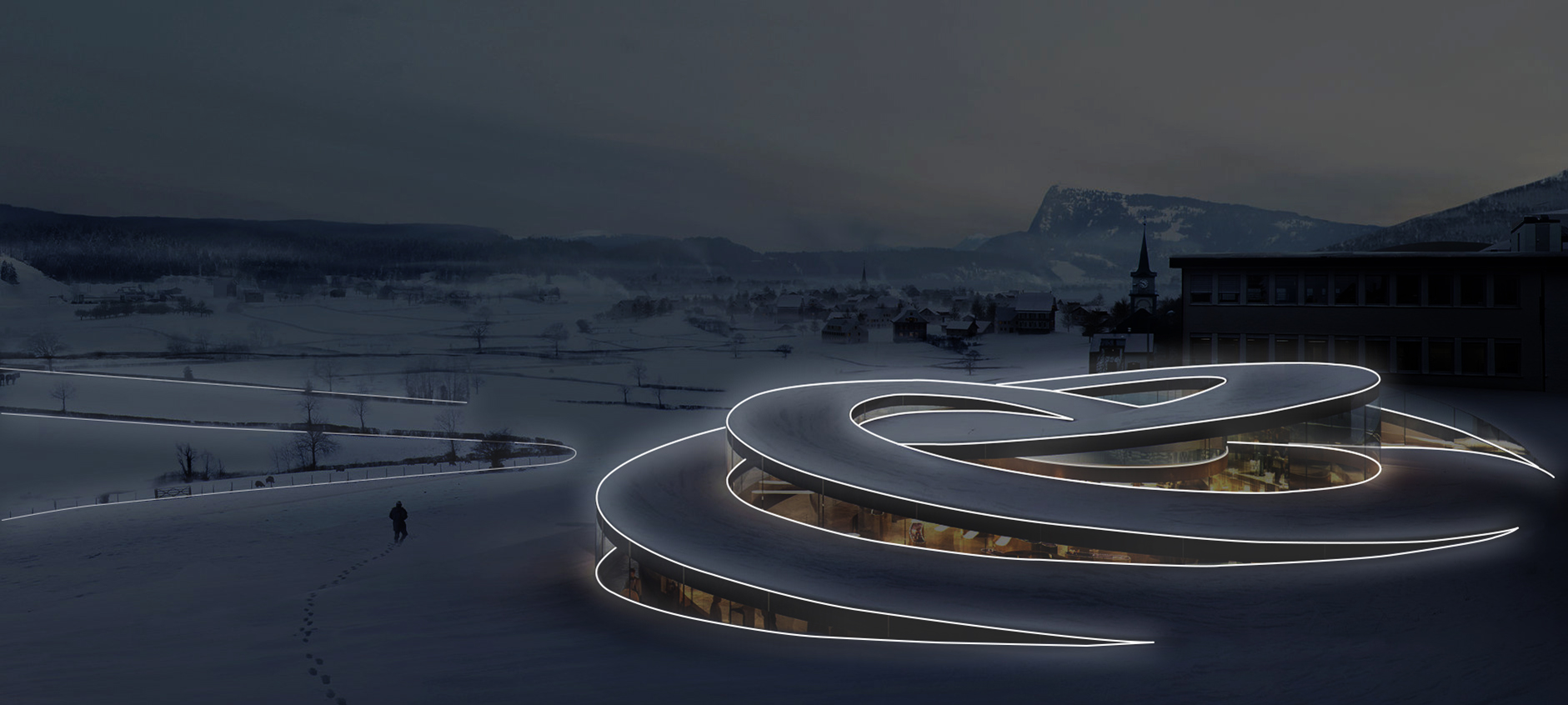 Tubolar modular light tracing the perimeter of a whole building.