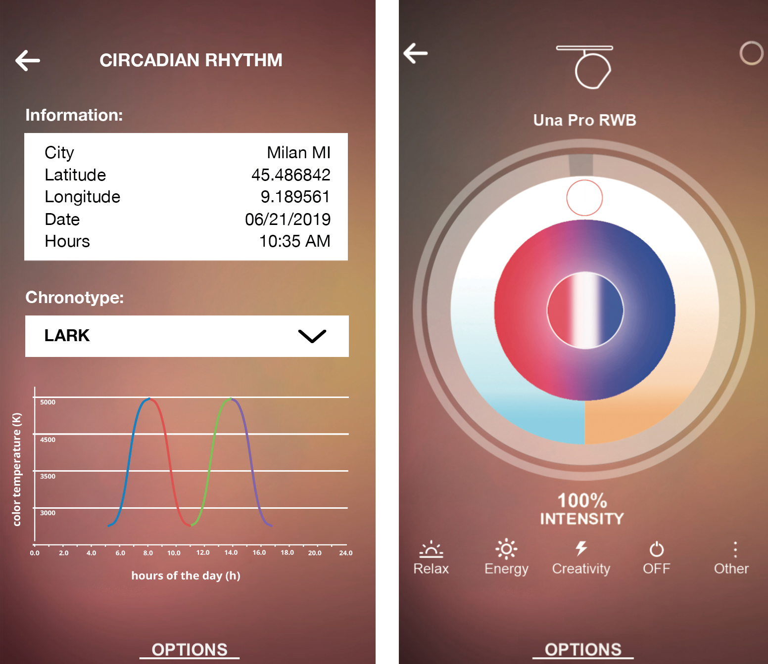 Screenshot of the Artemide App, that allows to adjust light to our circadian cycle.