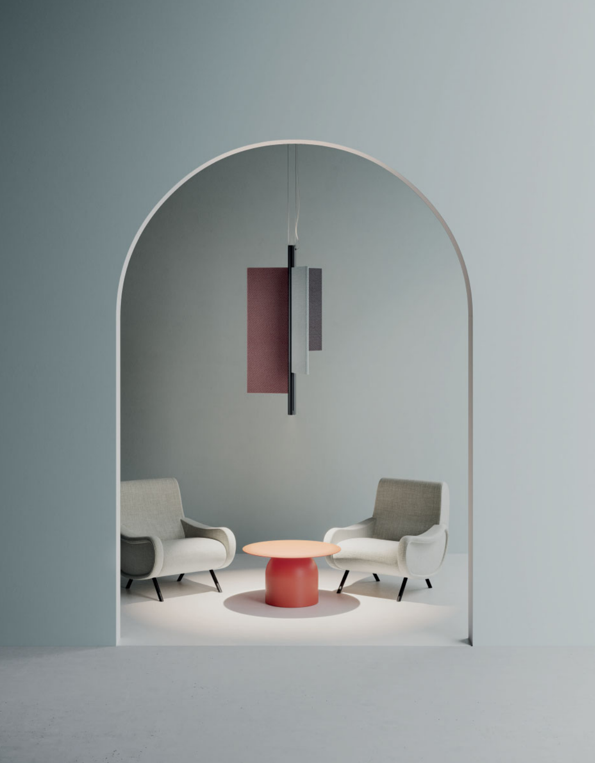 Cylindrical pendant light with three sound-absorbing panels mounted around the main structure.