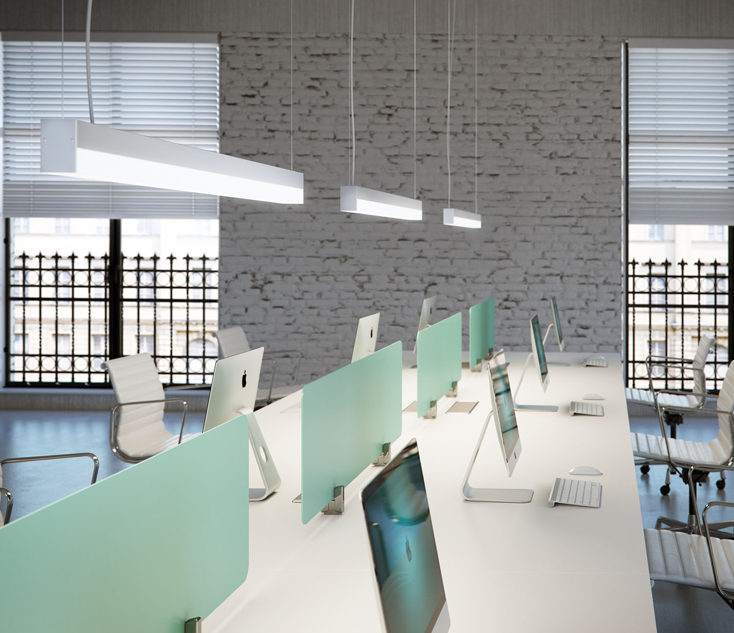 Smart pendant light over a working station.