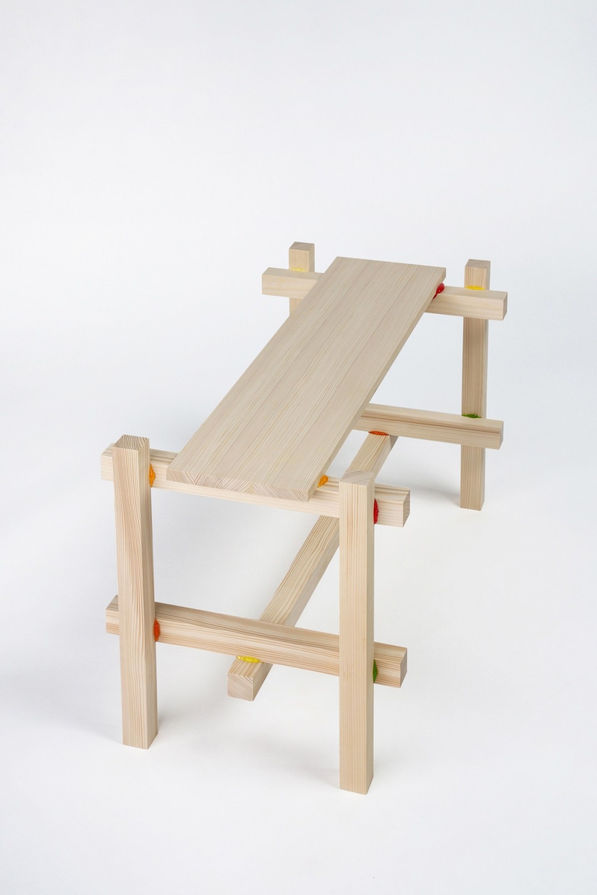 Wooden bench kept together with a candy-based glue.