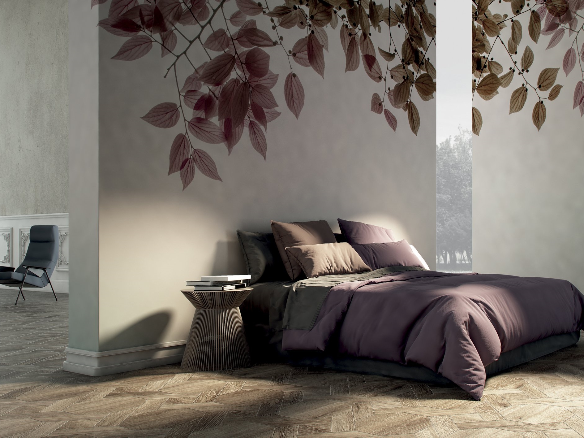 Bedroom with a wallpaper reproducing the natural fractal of branches with leaves, that drape from the top.