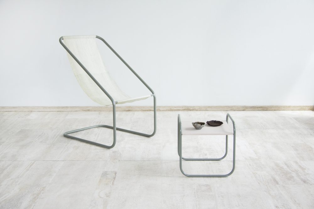 The sea-me collection; a chair, a side table and a few bowls all made of seaweed.