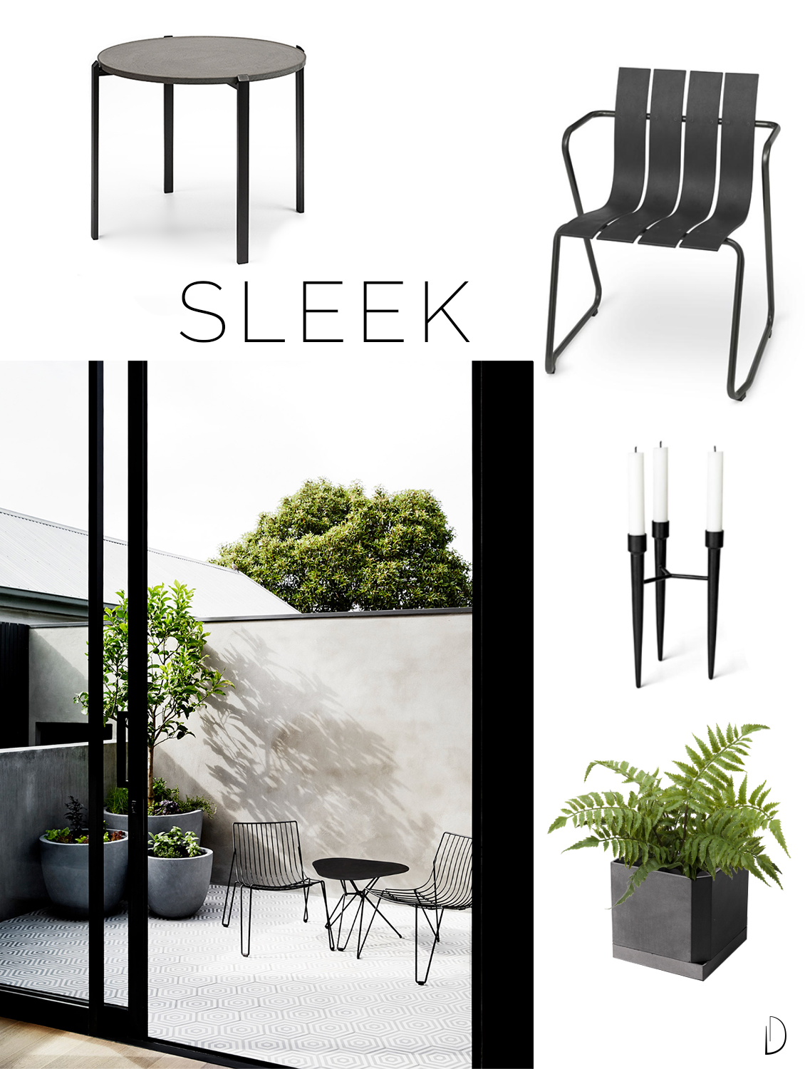 Moodboard of an outdoor concept design in a Sleek style, created using all sustainable design products.