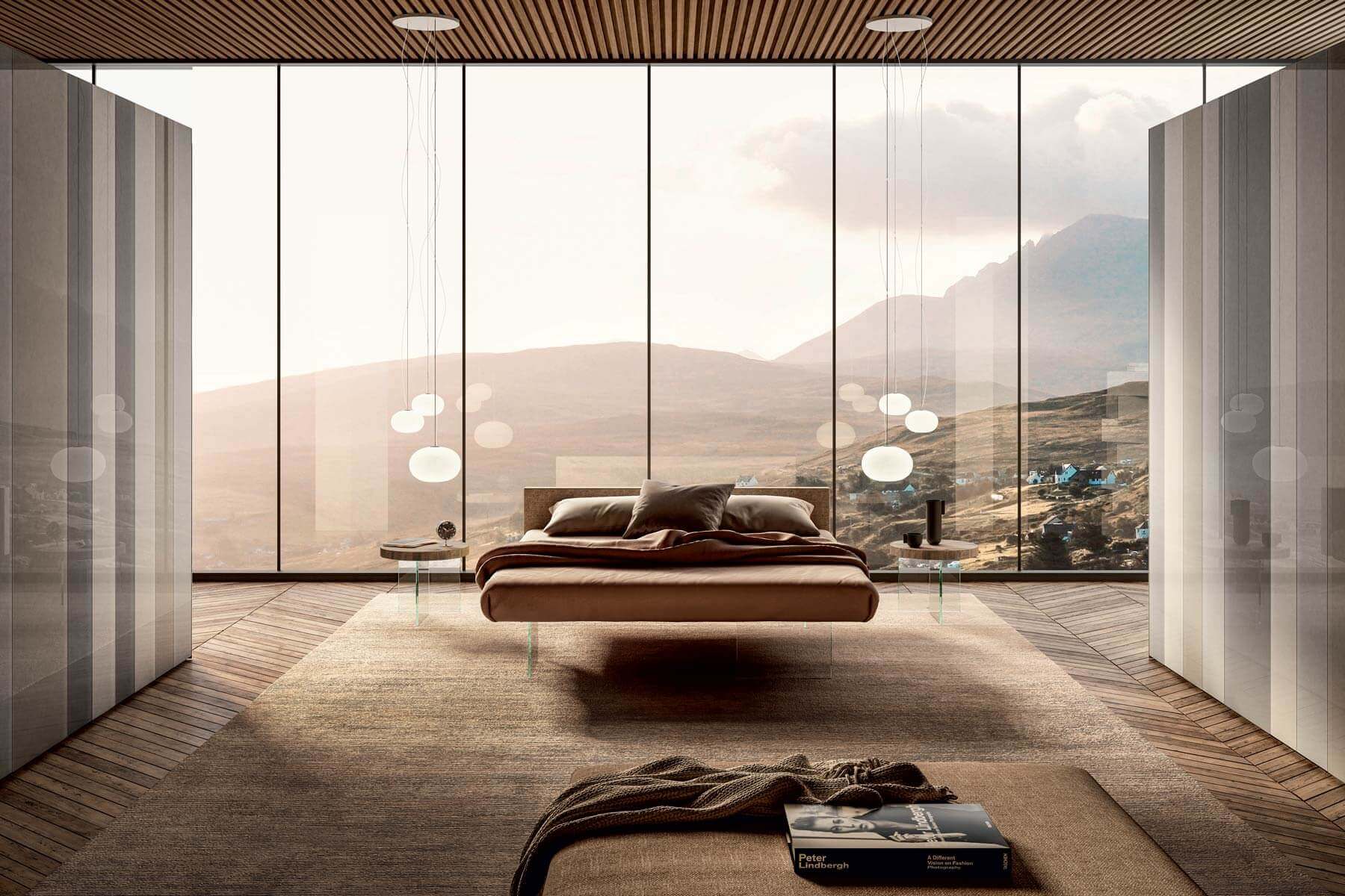A bed with clear glass legs.