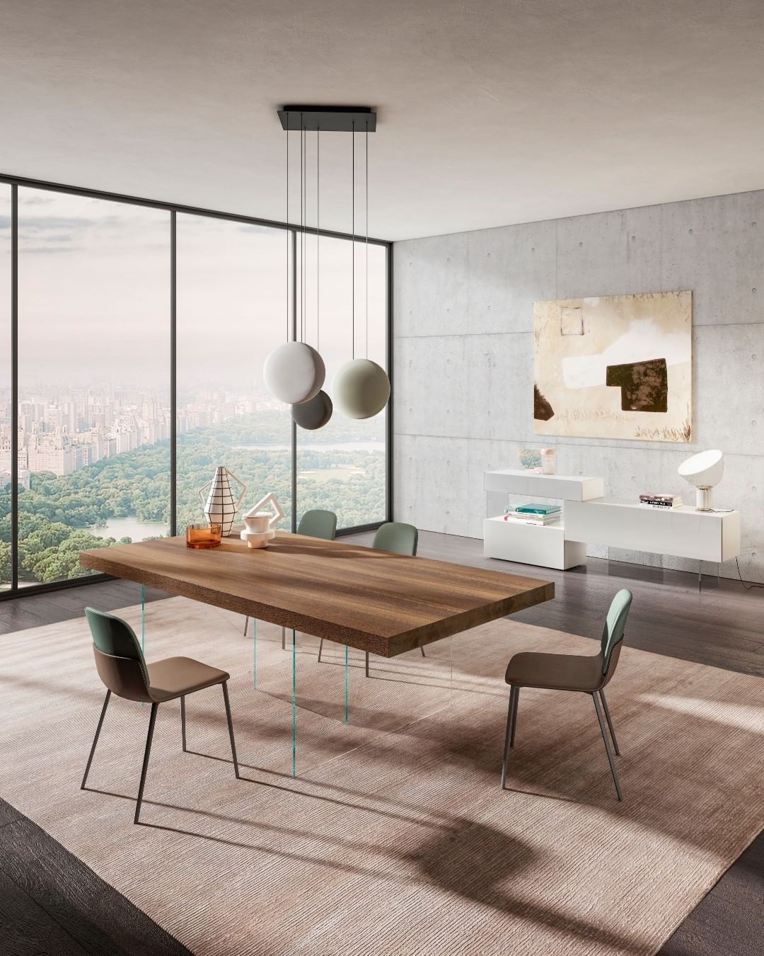 Dining table with clear glass legs and solid wood top.