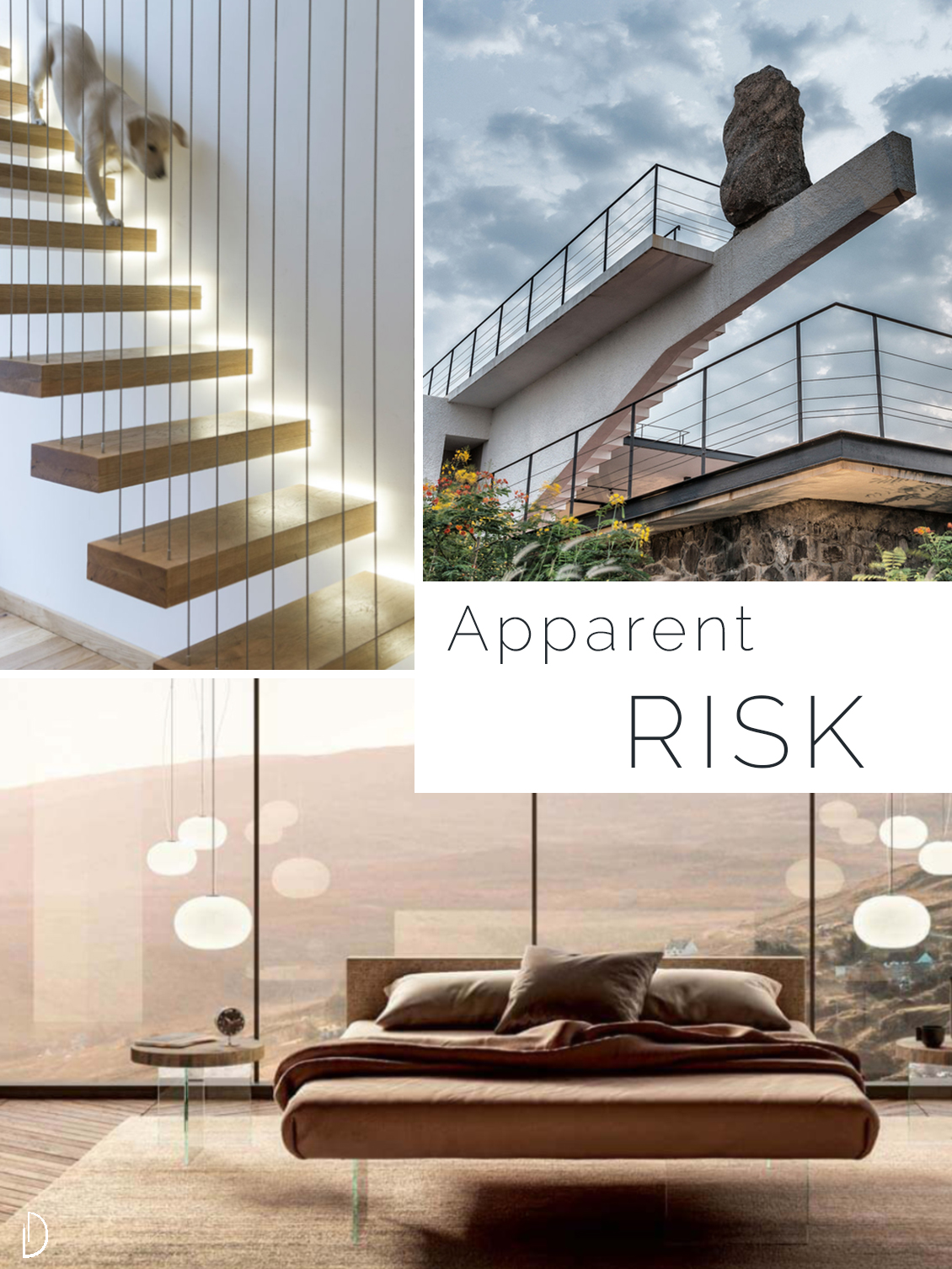 Moodboard showing the concept of risk in biophilic design. 1 A floating staircase 2 A seemingly unstable stone on top of a cantilevered pillar 3 A bed with glass legs.
