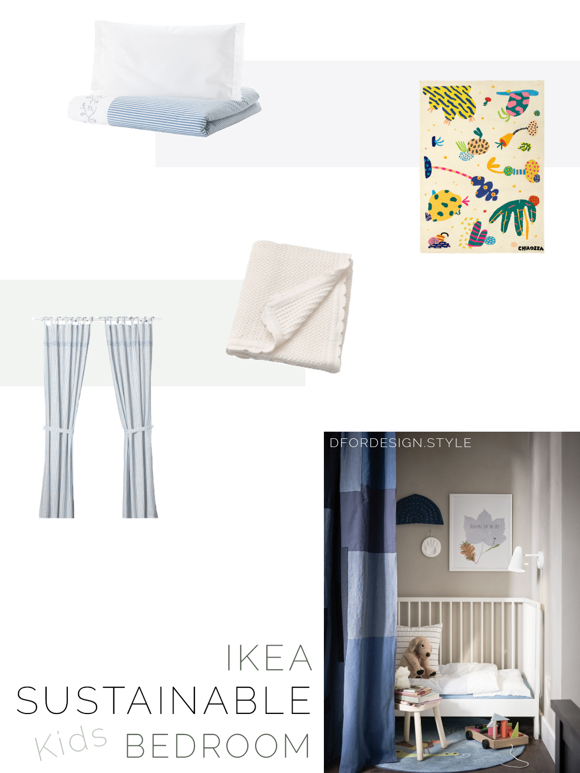 Moodboard showing a variety of sustainable textiles for kids' bedrooms.
