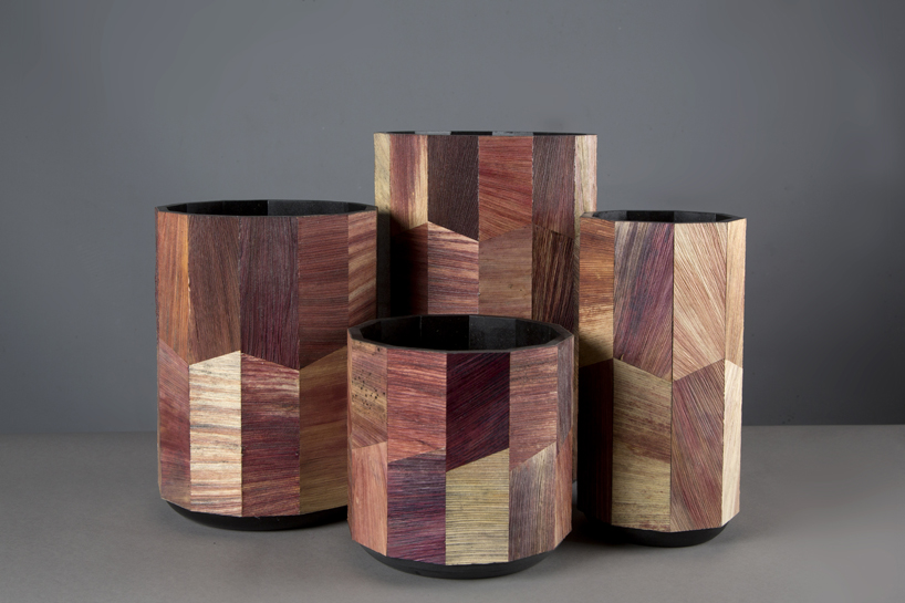 Vases made of Totomoxtle, a corn husk-based biomaterial.
