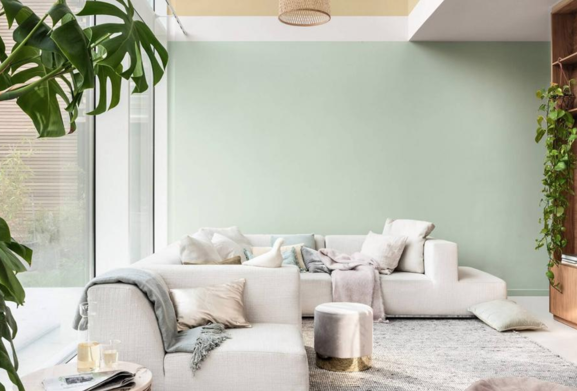 Biophilic living room with Tranquil Dawn walls, clear sofa and plenty of natural light.