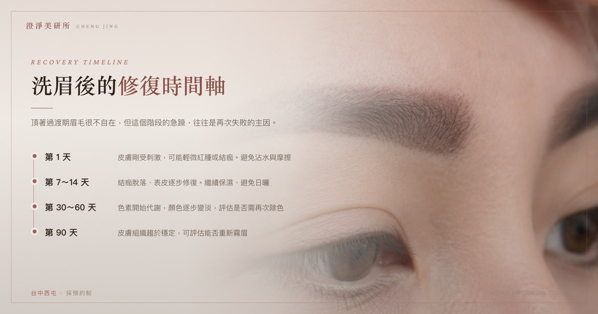 洗眉後的修復時間軸：第1天、第7～14天、第30～60天、第90天