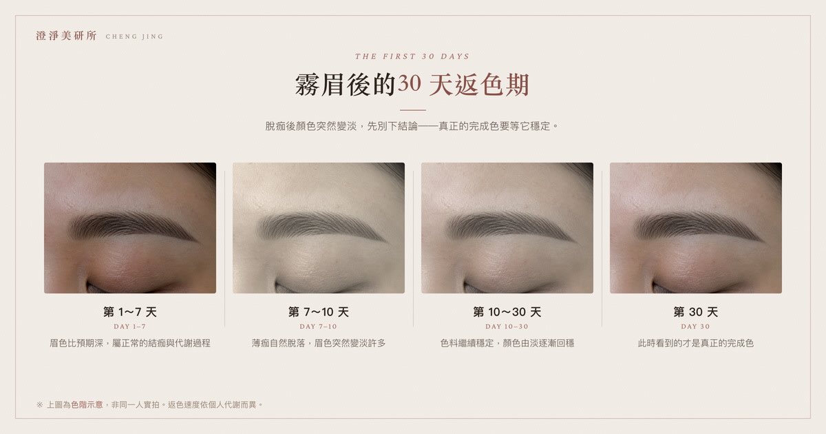 霧眉後30天返色期的色階示意：第1～7天、第7～10天、第10～30天、第30天