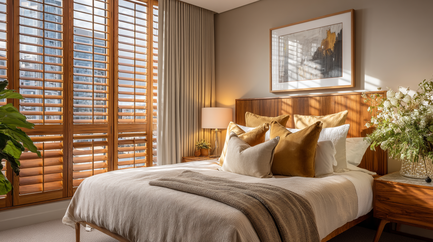 主臥百葉窗加層遮光布，搭配窗簾盒強化夜間私密