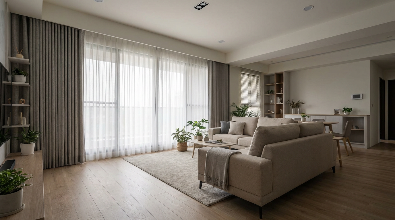 落地窗客廳的窗簾選擇：大面積窗戶不踩雷