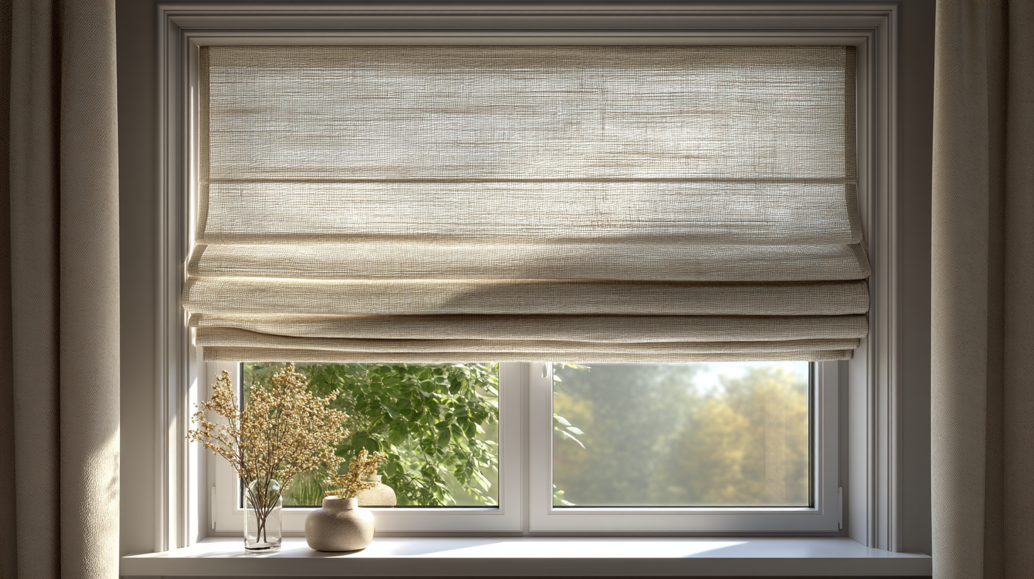 大面窗戶安裝高品質羅馬簾的正面視角