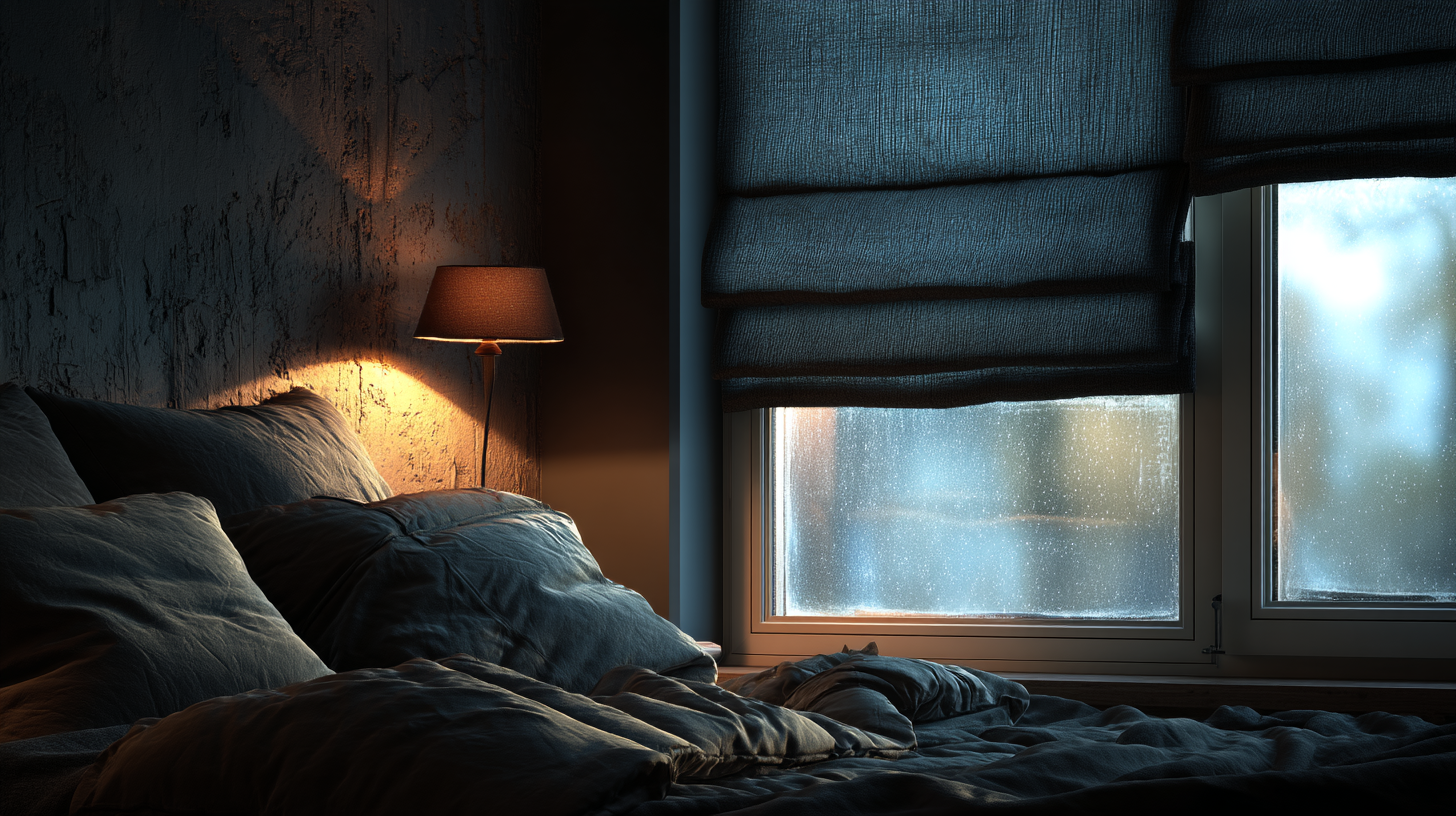 臥室深色絨布羅馬簾，遮光效果佳