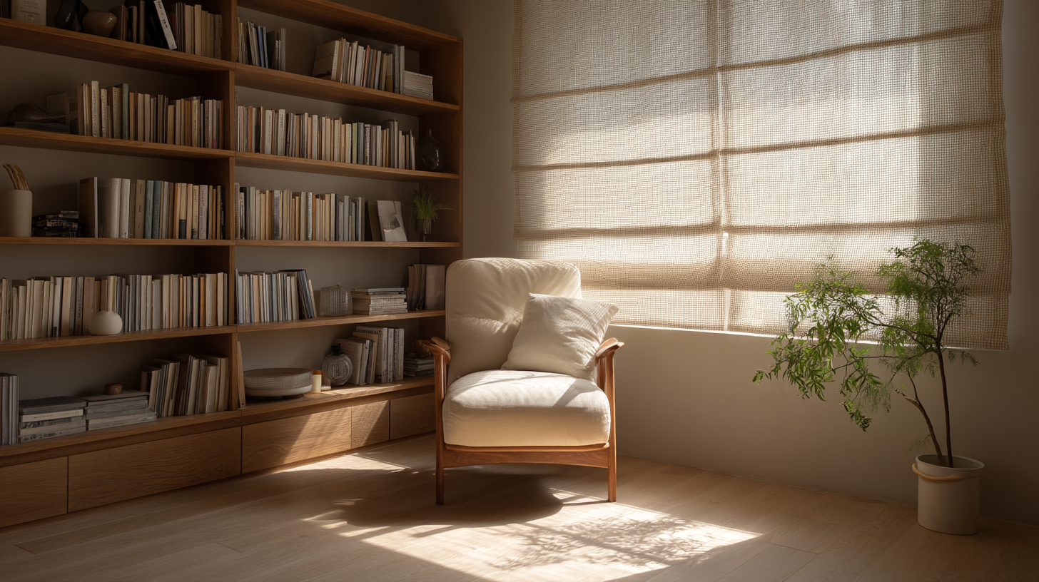 羅馬簾安裝在書房閱讀角落，透光紗質材料