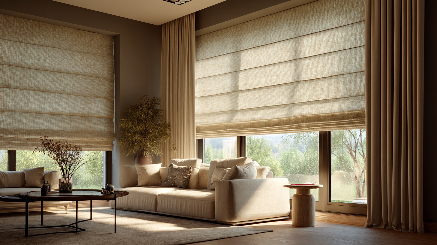 羅馬簾安裝在客廳窗戶的效果，層層收摺立體感
