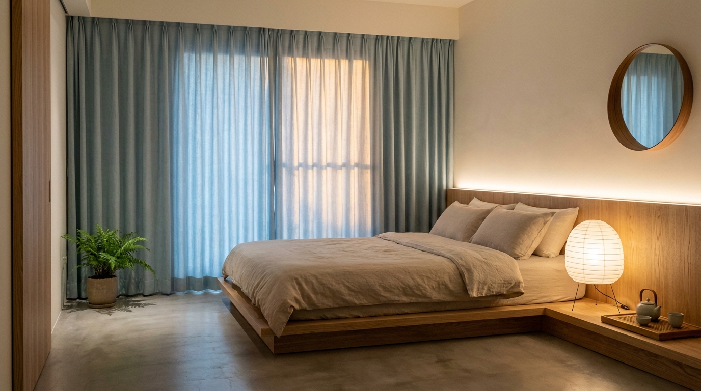 臥室窗簾顏色推薦-淡藍色遮光布簾營造助眠環境