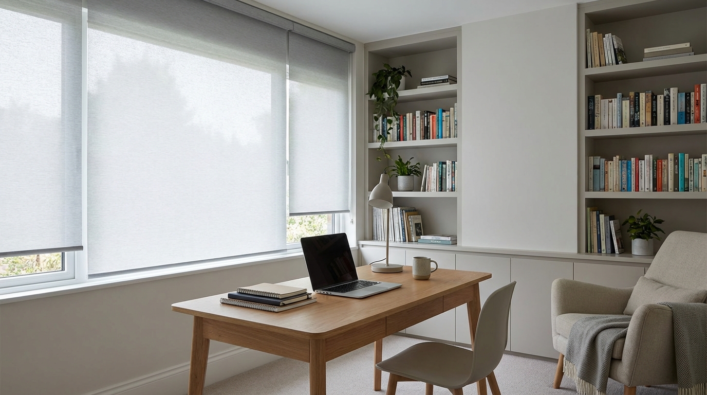 書房窗簾顏色搭配-淺灰色捲簾營造專注閱讀空間