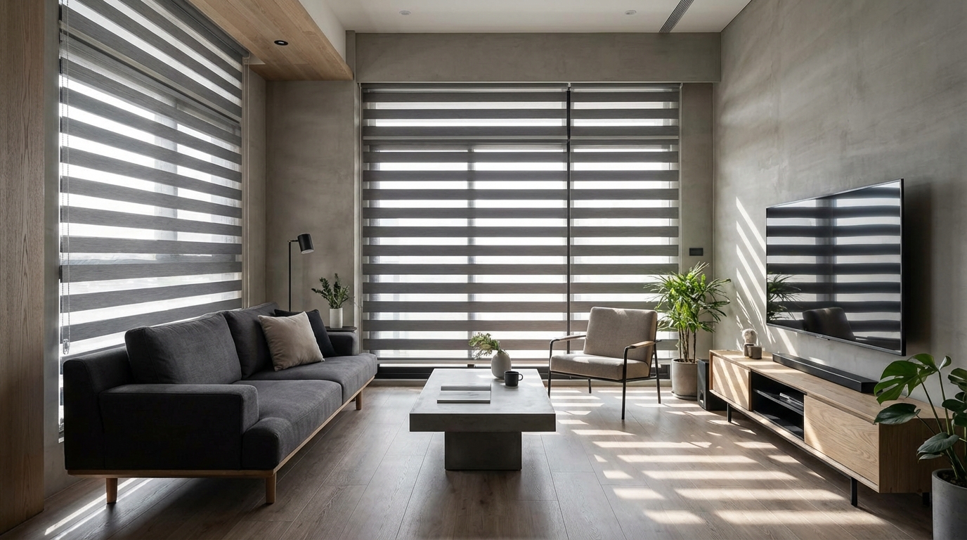 各空間窗簾顏色搭配-客廳灰色調光簾