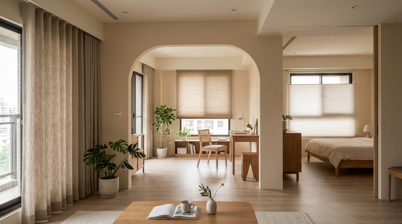 全家窗簾統一色調搭配不同款式的效果