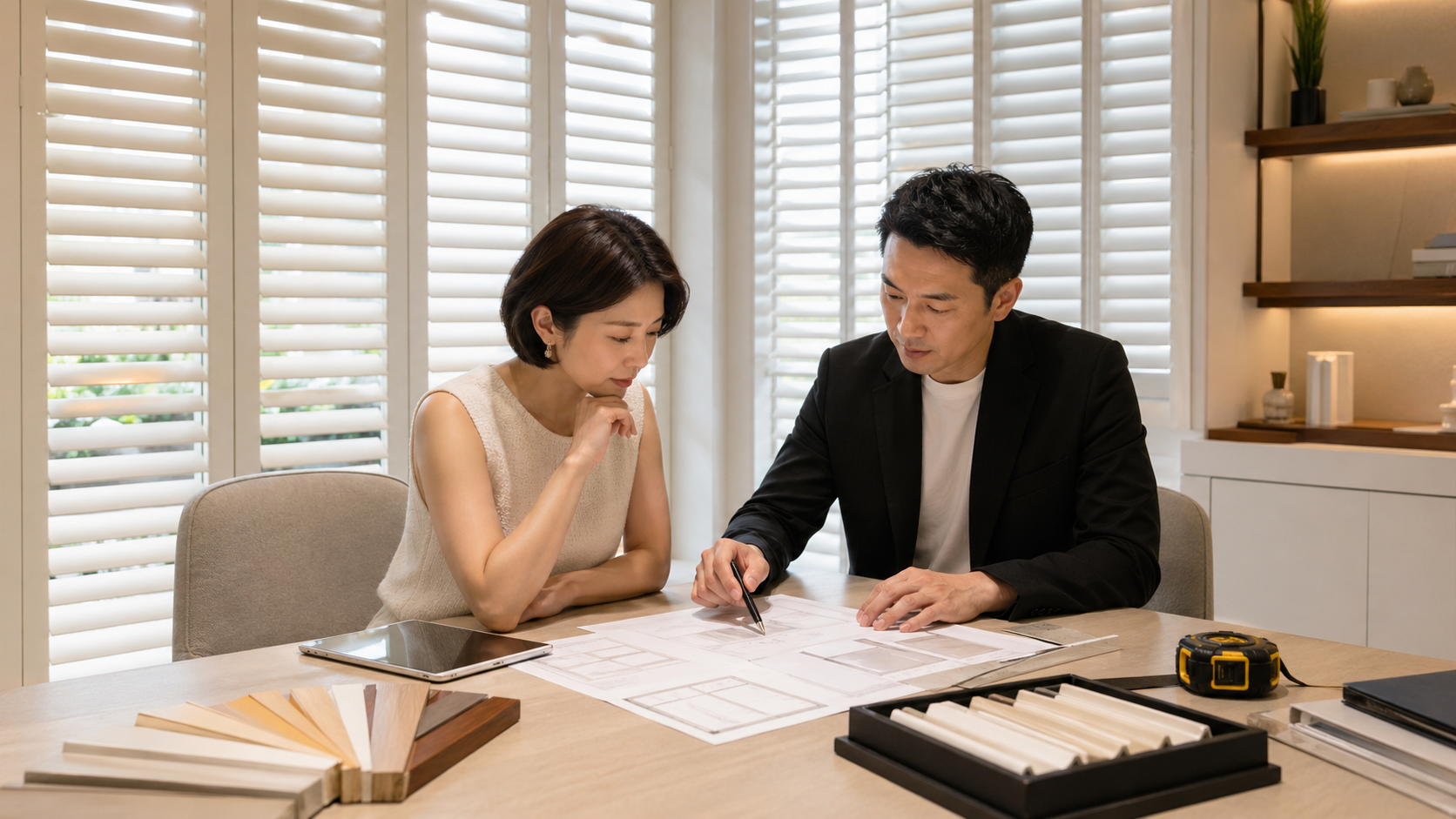 屋主與規劃人員在餐桌上比對百葉窗材質樣本與丈量紀錄