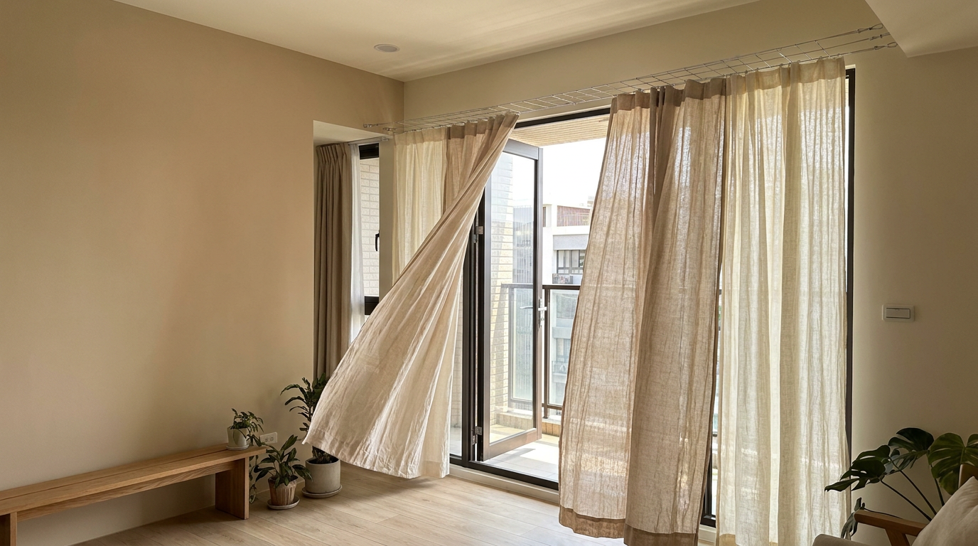新窗簾有味道通風處理，window curtain airing out