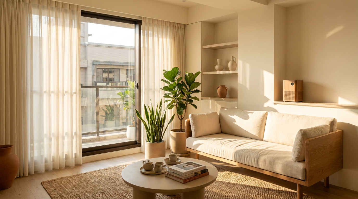 新窗簾通風去味完成明亮居家，bright clean living room with fresh curtains