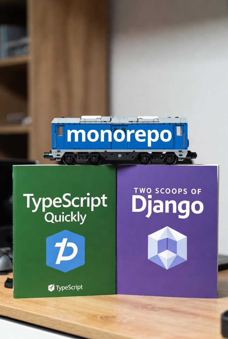 TypeScript Quickly와 Two Scoops of Django 책 위에 모노레포 기차